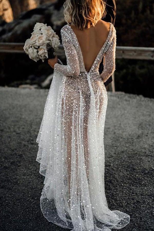 A Line See Through Deep V Neck Long Sleeves  Sparkly Wedding Dresses WD569 - Image 3