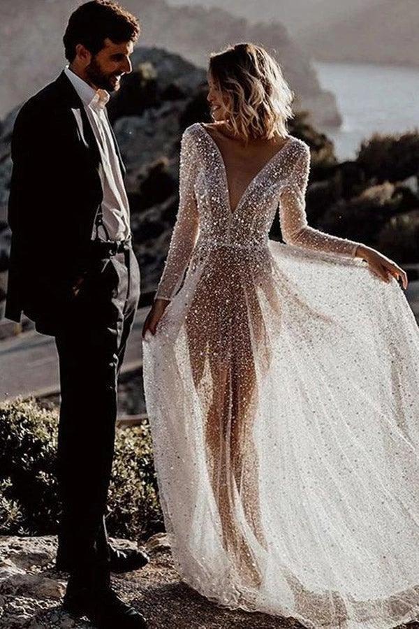 A Line See Through Deep V Neck Long Sleeves  Sparkly Wedding Dresses WD569 - Image 4