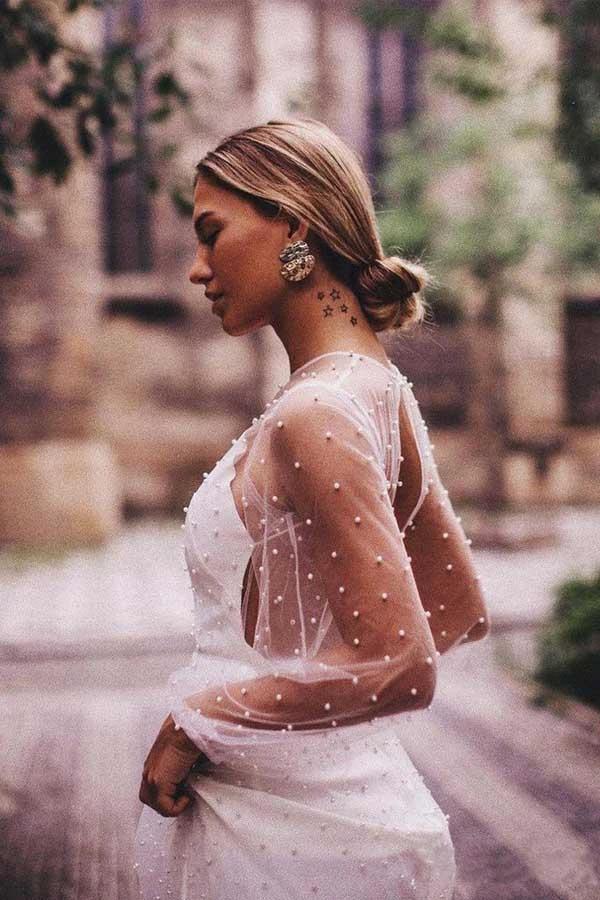 A-line See Through Tulle Long Sleeve Wedding Dresses Pearl  WD336 - Image 2