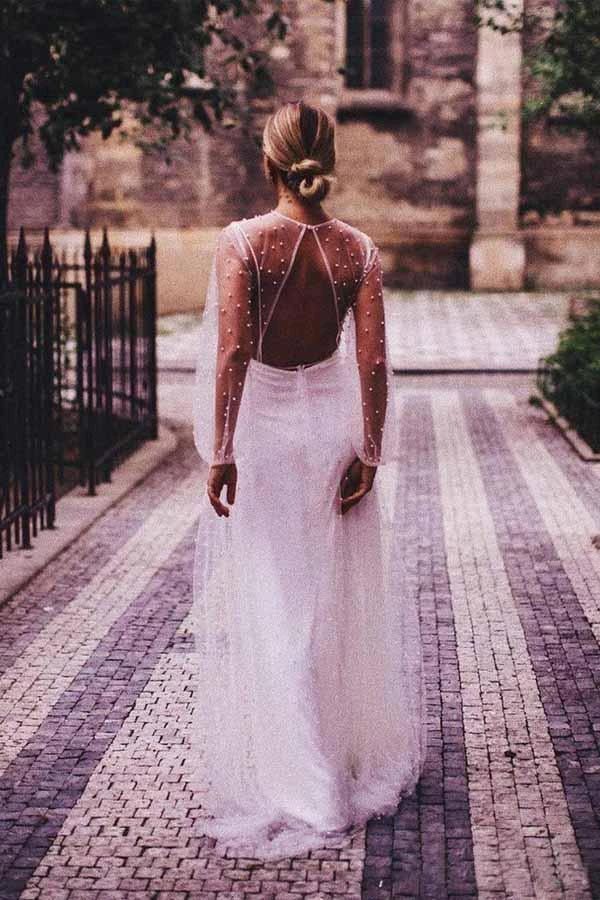 A-line See Through Tulle Long Sleeve Wedding Dresses Pearl  WD336 - Image 3