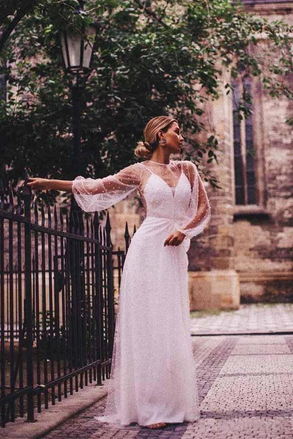 A-line See Through Tulle Long Sleeve Wedding Dresses Pearl  WD336 - Image 4