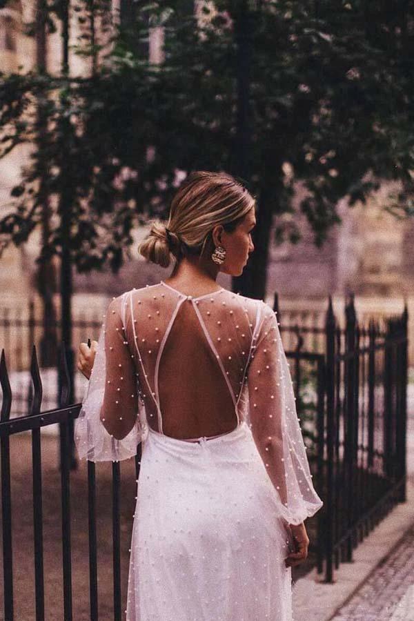 A-line See Through Tulle Long Sleeve Wedding Dresses Pearl  WD336 - Image 5