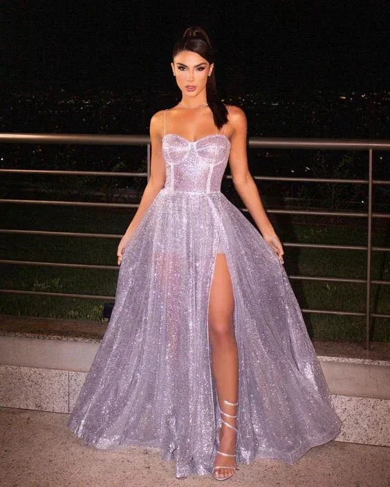 A-line Spaghetti Straps Unique Modest Elegant Sparkly Long Women Evening Dress Y5995 - Image 2