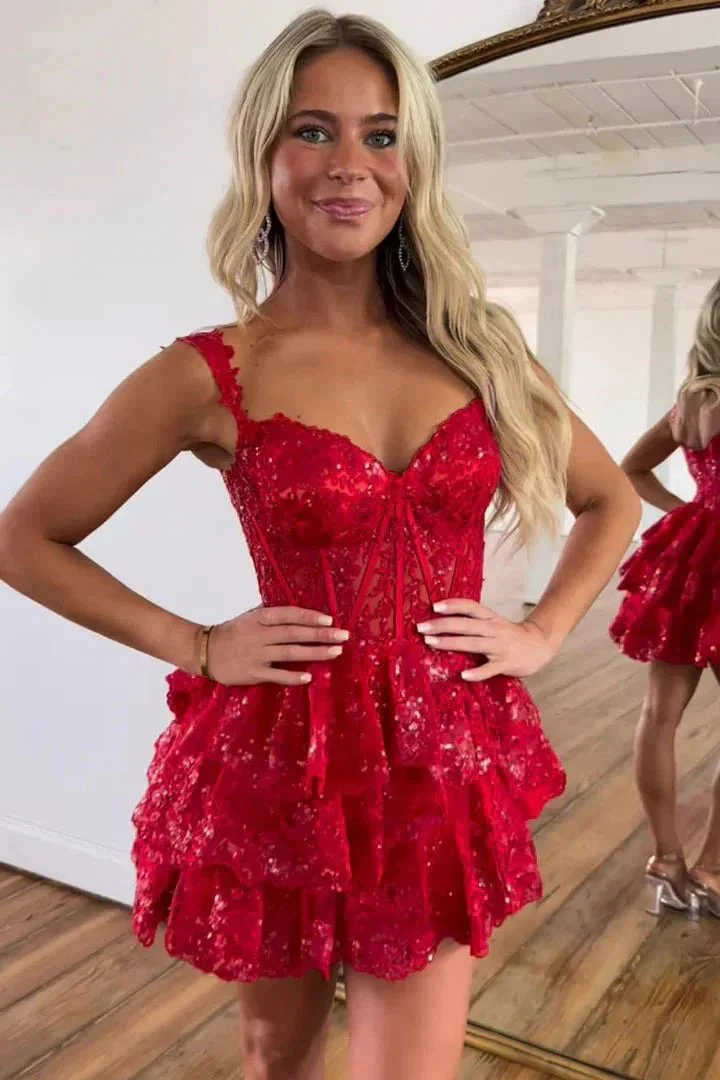 A-Line Sequins Appliques Red Short Homecoming Cocktail Dress PD497 - Image 2