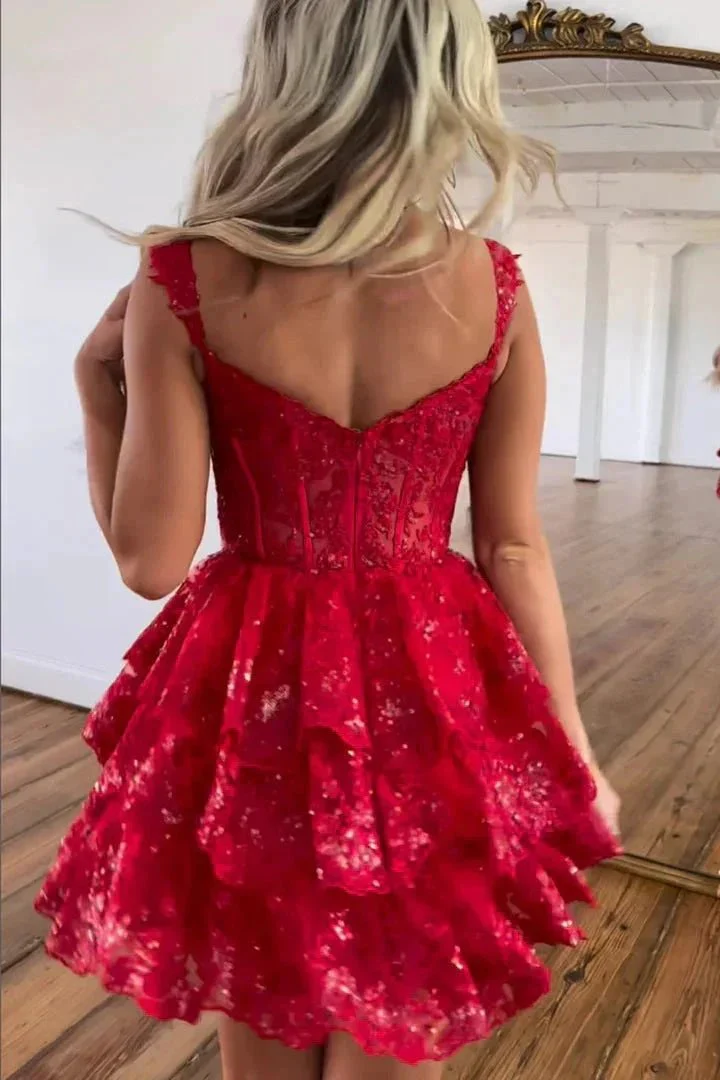 A-Line Sequins Appliques Red Short Homecoming Cocktail Dress PD497 - Image 3