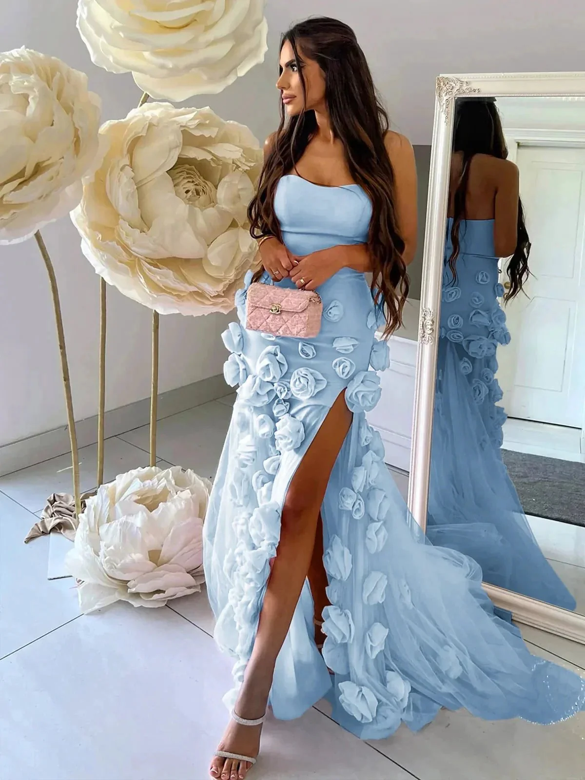 A line Sexy Sweetheart Sleeveless Pink Slit Flowers Prom Dress - Image 10