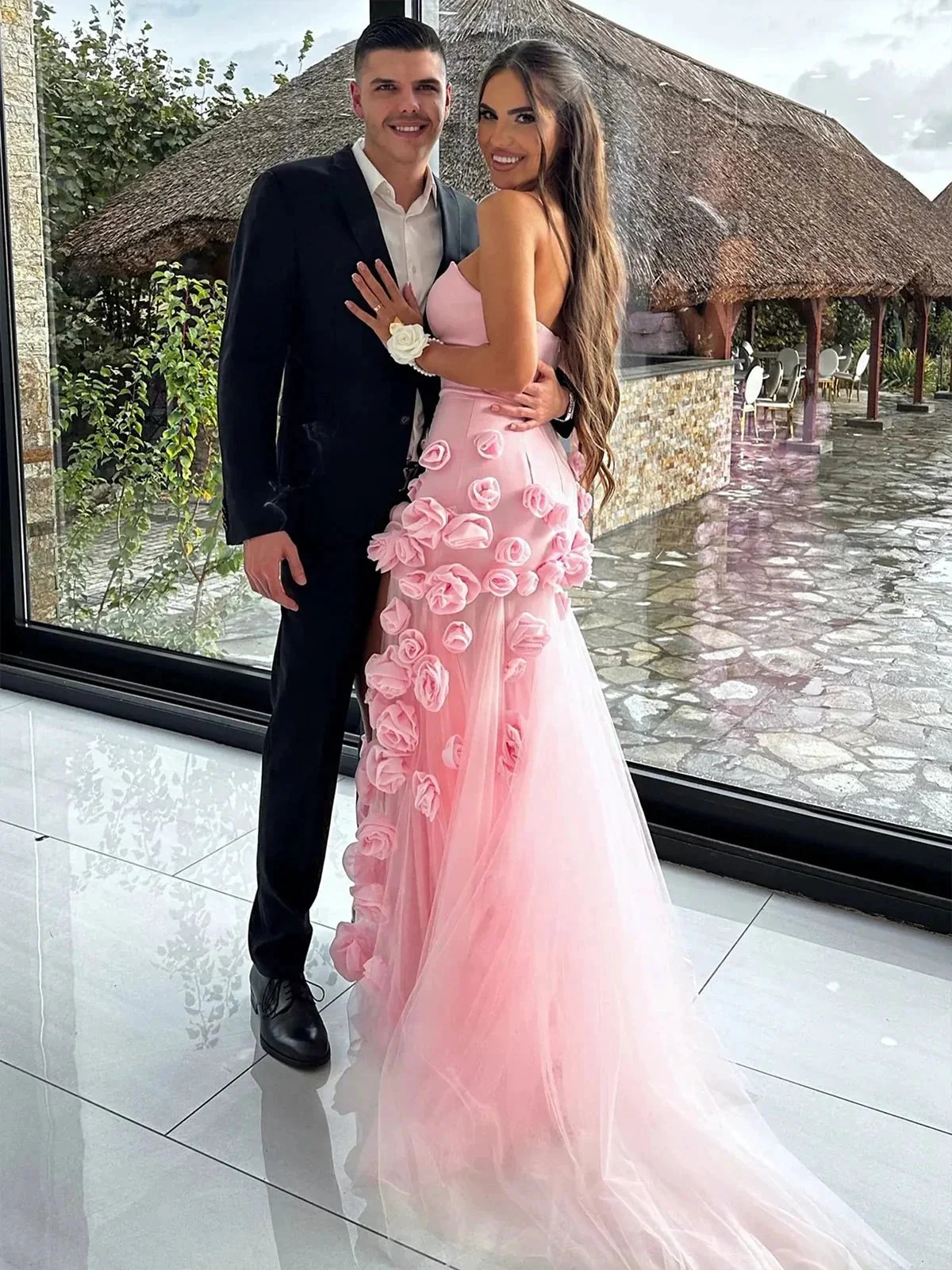 A line Sexy Sweetheart Sleeveless Pink Slit Flowers Prom Dress - Image 2