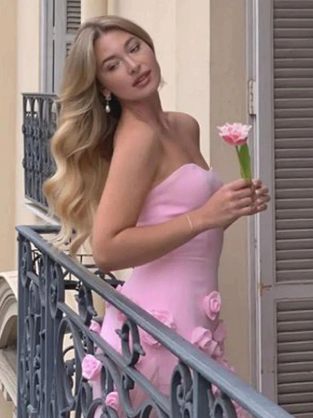 A line Sexy Sweetheart Sleeveless Pink Slit Flowers Prom Dress - Image 3