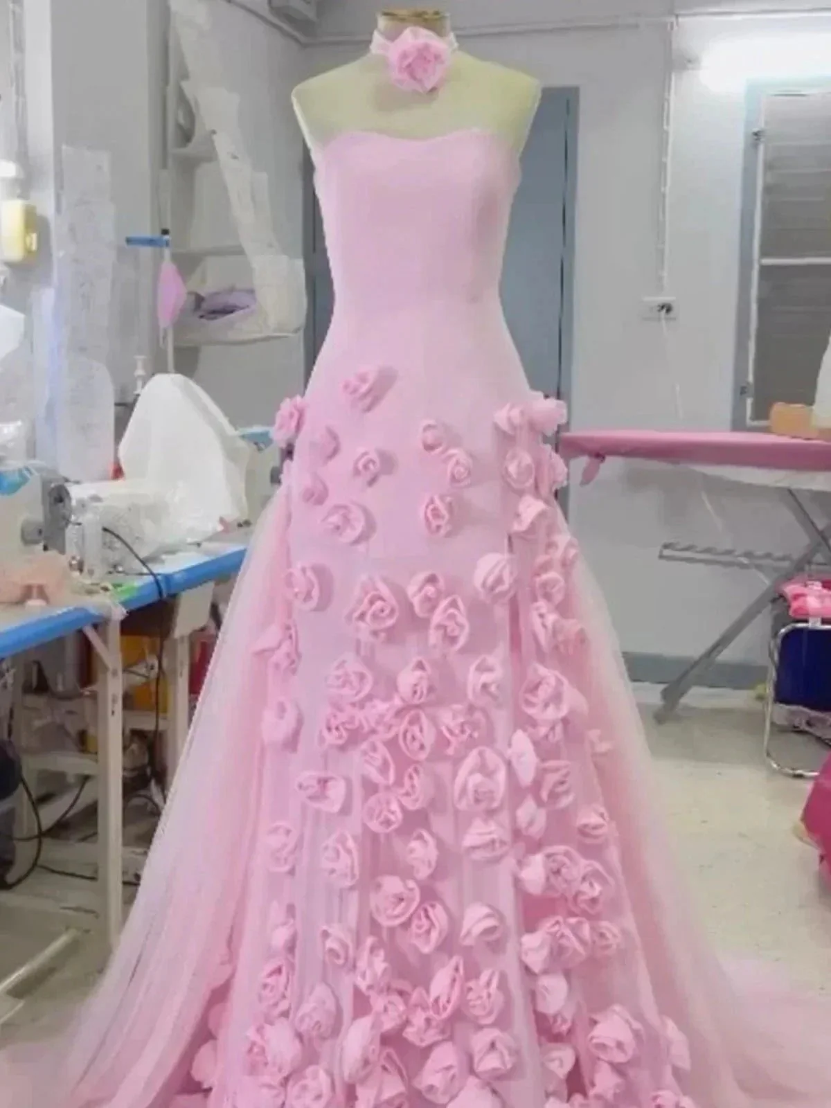 A line Sexy Sweetheart Sleeveless Pink Slit Flowers Prom Dress - Image 4