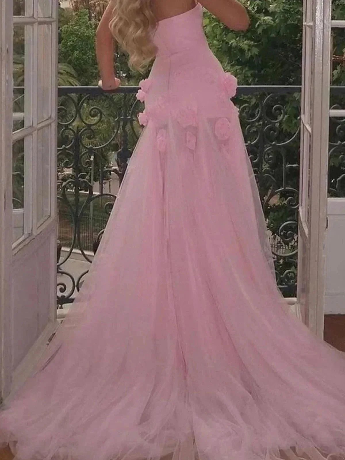 A line Sexy Sweetheart Sleeveless Pink Slit Flowers Prom Dress - Image 5