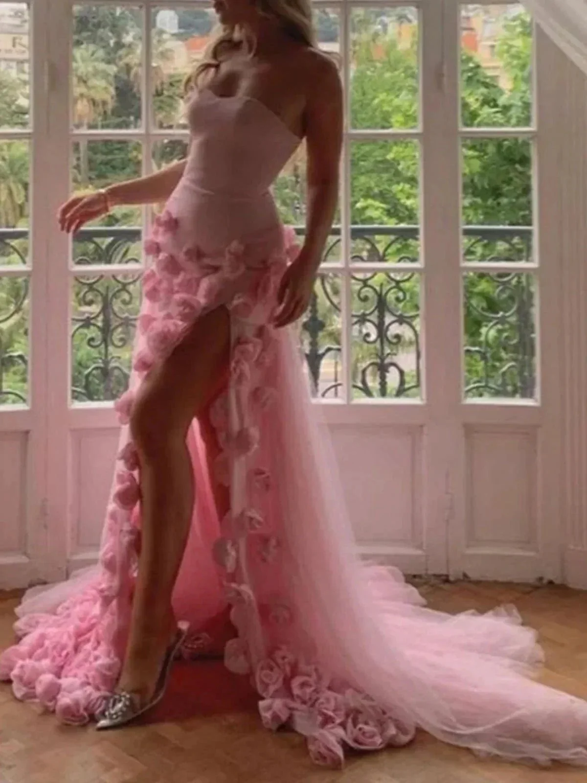 A line Sexy Sweetheart Sleeveless Pink Slit Flowers Prom Dress - Image 6