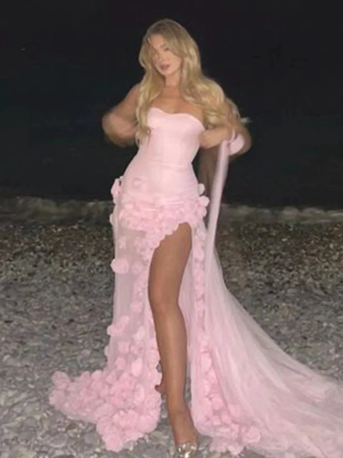 A line Sexy Sweetheart Sleeveless Pink Slit Flowers Prom Dress - Image 8