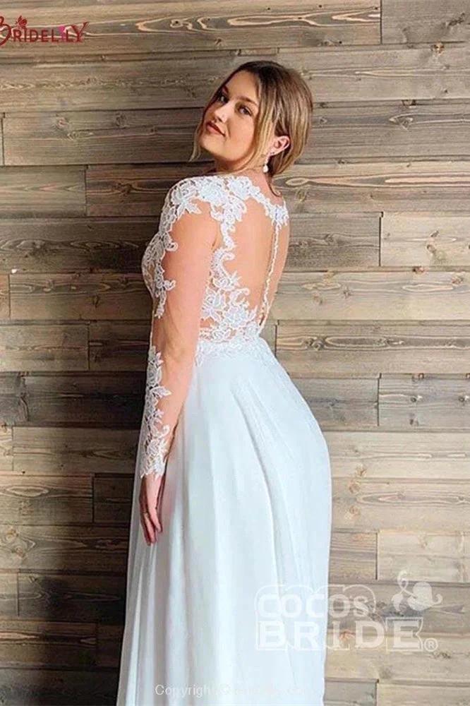 A-line Sheer Tulle Lace Wedding Gowns Long Sleeve Floor Length Beach Bridal Gowns - Image 2