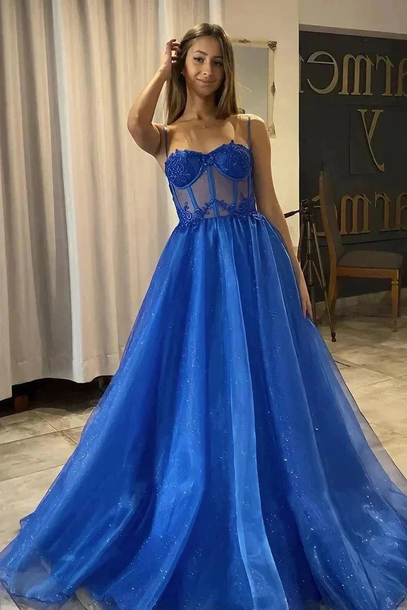 A Line Shiny Royal Blue Tulle Sweetheart Formal Prom Dress  PSK404 - Image 2