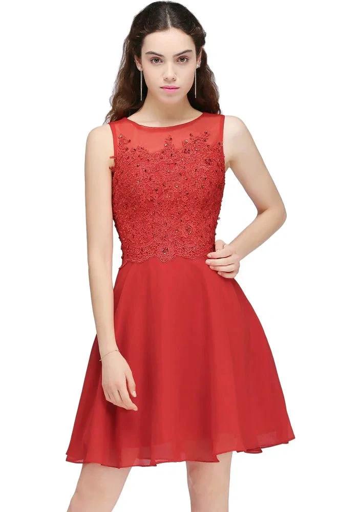 A-line Short Chiffon Red Homecoming Dresses with Lace Appliques - Image 3
