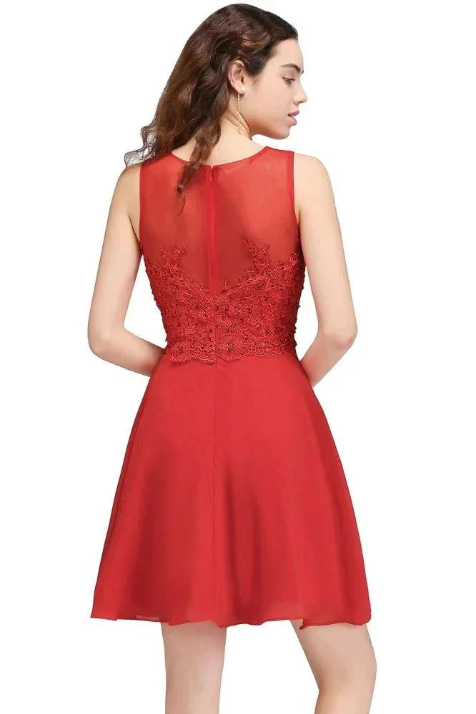 A-line Short Chiffon Red Homecoming Dresses with Lace Appliques - Image 4