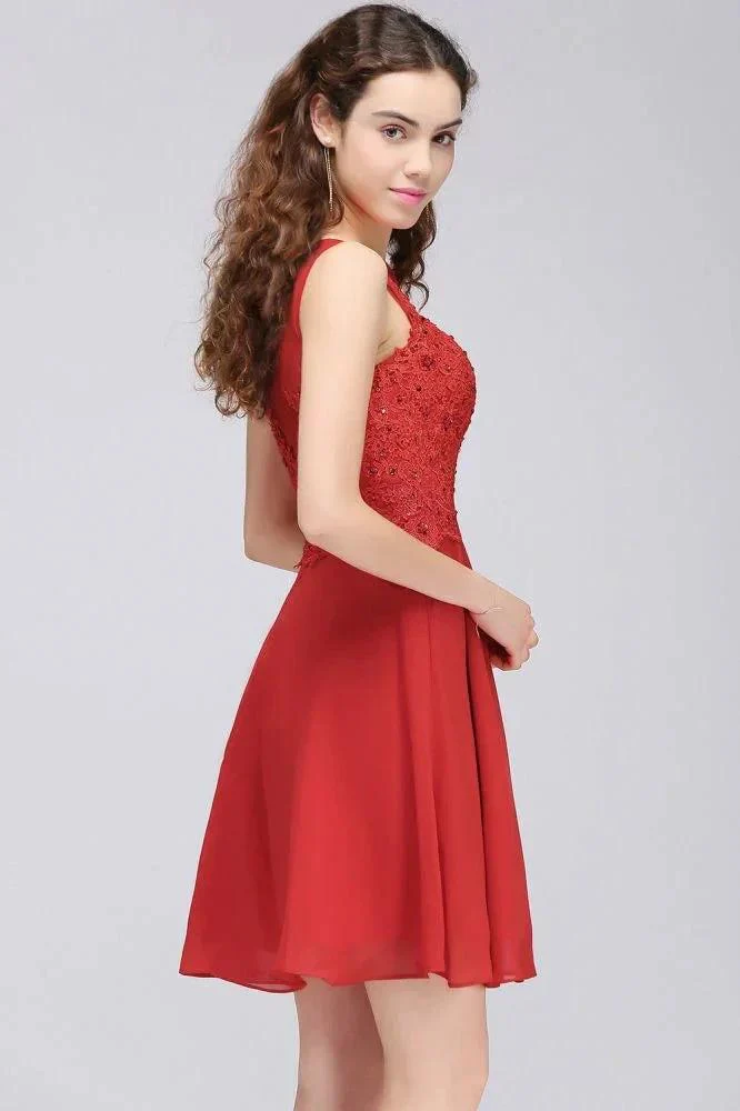 A-line Short Chiffon Red Homecoming Dresses with Lace Appliques - Image 5