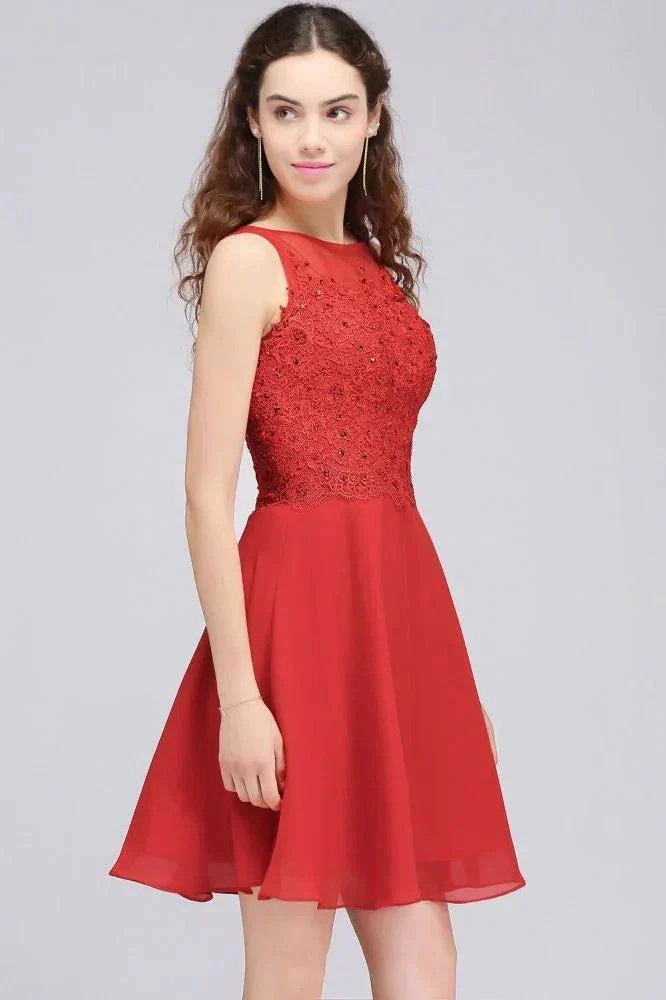 A-line Short Chiffon Red Homecoming Dresses with Lace Appliques - Image 6