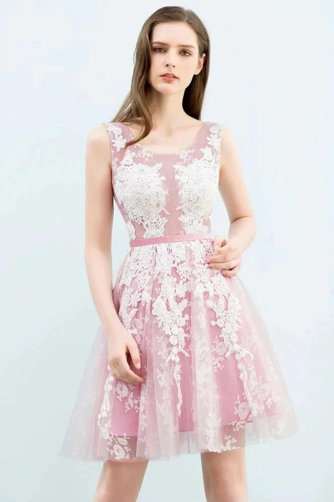 A-line Short Crew Sleeveless Lace Appliques Tulle Prom Dresses - Image 2