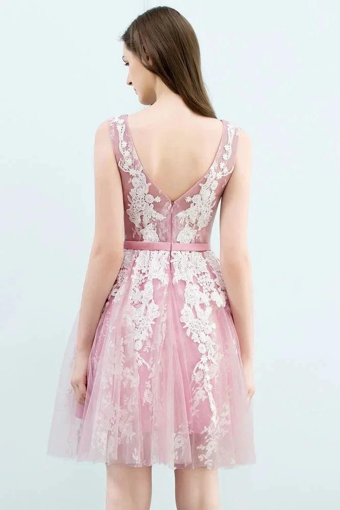 A-line Short Crew Sleeveless Lace Appliques Tulle Prom Dresses - Image 3
