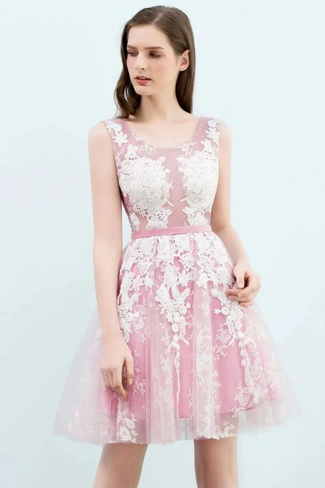A-line Short Crew Sleeveless Lace Appliques Tulle Prom Dresses - Image 6
