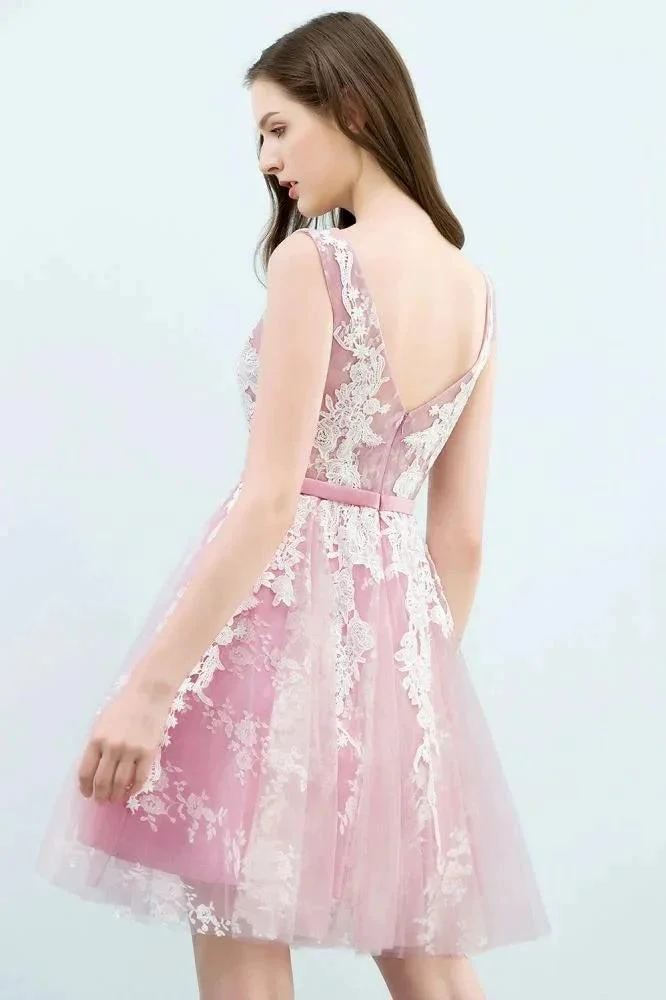 A-line Short Crew Sleeveless Lace Appliques Tulle Prom Dresses - Image 7