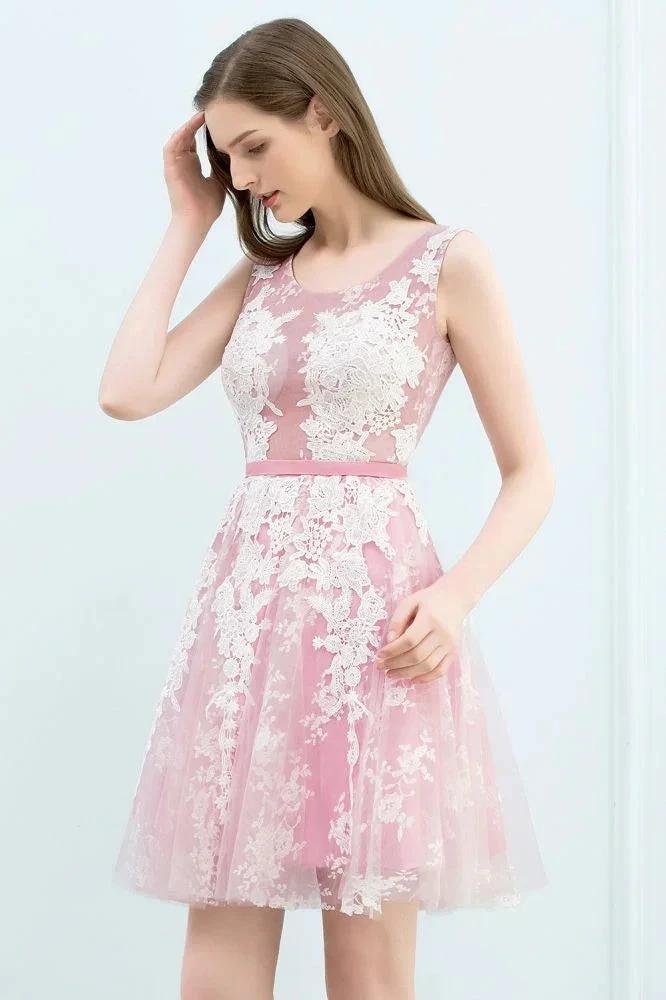 A-line Short Crew Sleeveless Lace Appliques Tulle Prom Dresses - Image 8