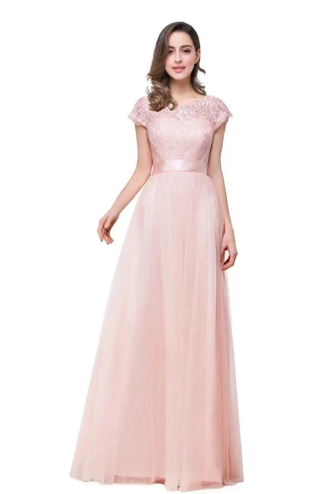 A-line Short Sleeve Chiffon Bridesmaid Dresses with Ribbon Bow Sash - Image 10