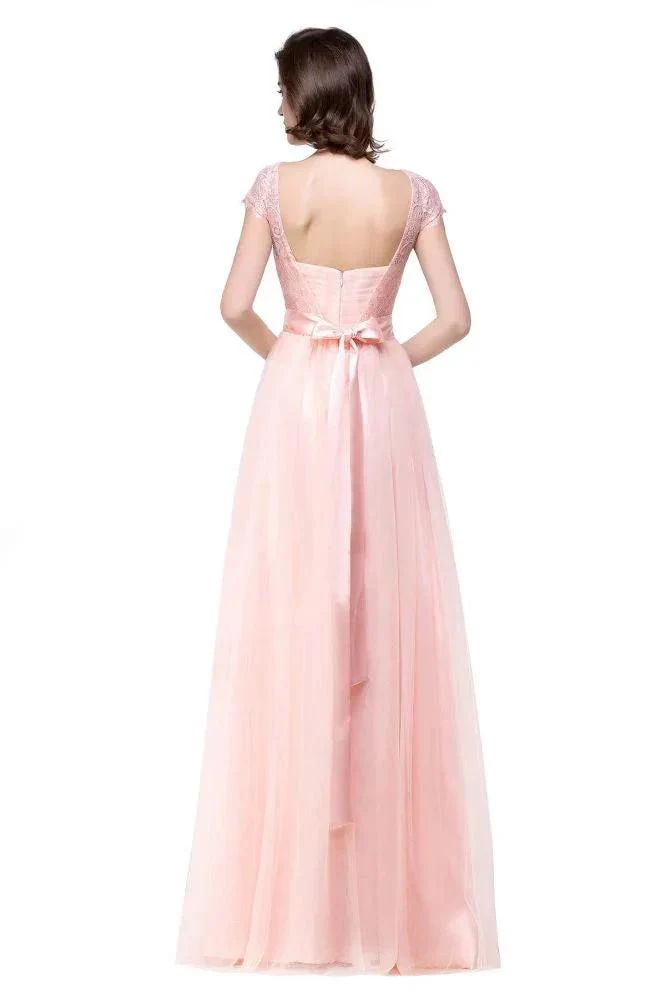 A-line Short Sleeve Chiffon Bridesmaid Dresses with Ribbon Bow Sash - Image 2