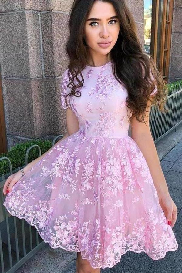 A Line Short Sleeve Lace Short Prom Dress Short Homecoming Dress PD451 - Image 2