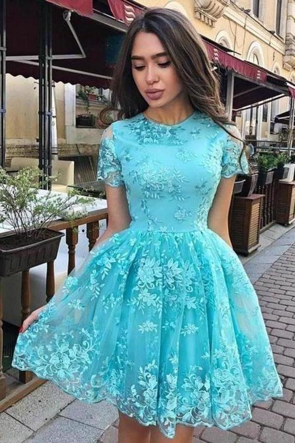 A Line Short Sleeve Lace Short Prom Dress Short Homecoming Dress PD451 - Image 3