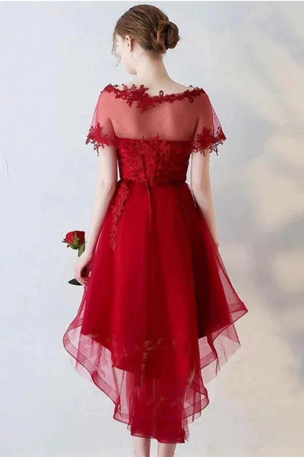 A-Line Short Sleeves Appliques Sweetheart Asymmetry Homecoming Dress PD141 - Image 2