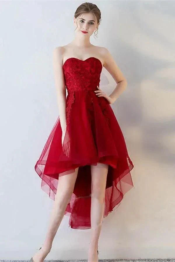 A-Line Short Sleeves Appliques Sweetheart Asymmetry Homecoming Dress PD141 - Image 3