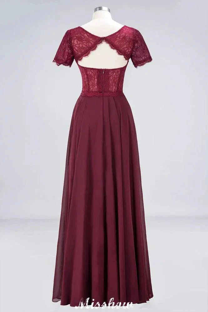A-Line Short-Sleeves Floor-Length Bridesmaid Dress Chiffon Lace Round-Neck Evening Dress - Image 10