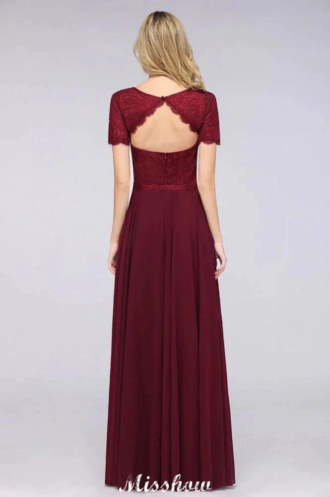 A-Line Short-Sleeves Floor-Length Bridesmaid Dress Chiffon Lace Round-Neck Evening Dress - Image 2