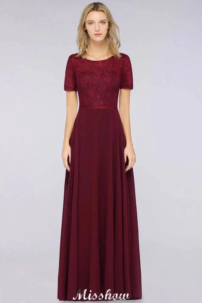 A-Line Short-Sleeves Floor-Length Bridesmaid Dress Chiffon Lace Round-Neck Evening Dress - Image 3