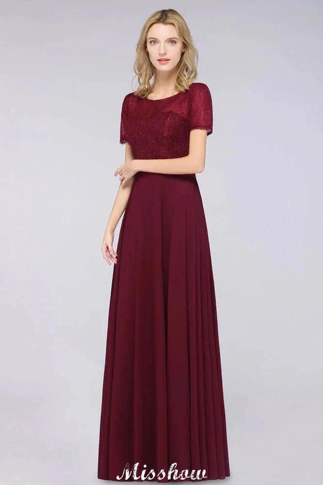 A-Line Short-Sleeves Floor-Length Bridesmaid Dress Chiffon Lace Round-Neck Evening Dress - Image 4