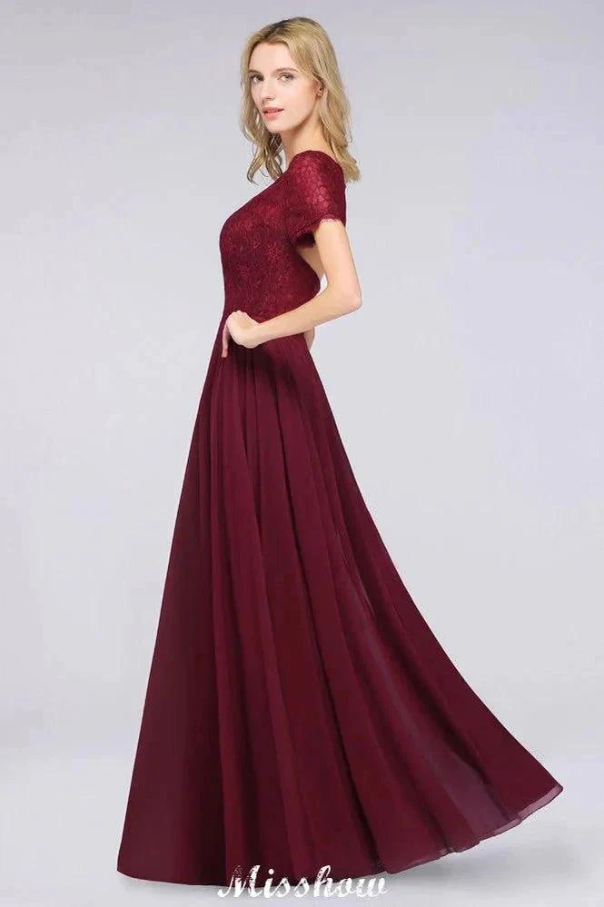 A-Line Short-Sleeves Floor-Length Bridesmaid Dress Chiffon Lace Round-Neck Evening Dress - Image 5