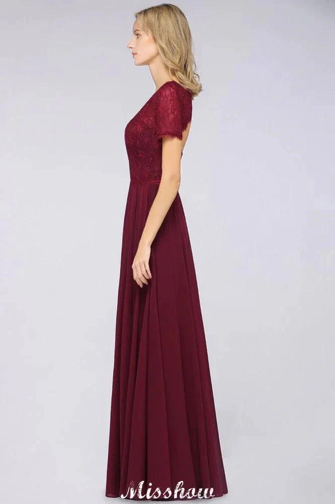 A-Line Short-Sleeves Floor-Length Bridesmaid Dress Chiffon Lace Round-Neck Evening Dress - Image 6
