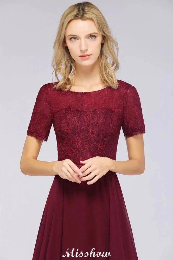 A-Line Short-Sleeves Floor-Length Bridesmaid Dress Chiffon Lace Round-Neck Evening Dress - Image 7