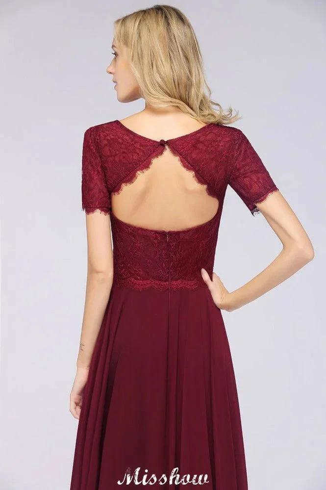 A-Line Short-Sleeves Floor-Length Bridesmaid Dress Chiffon Lace Round-Neck Evening Dress - Image 8