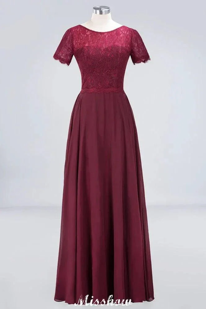A-Line Short-Sleeves Floor-Length Bridesmaid Dress Chiffon Lace Round-Neck Evening Dress - Image 9