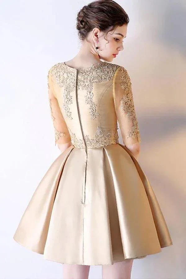 A-line Short Sleeves Gold Lace Satin Short Prom Dress Homecoming Dress PD212 - Image 2