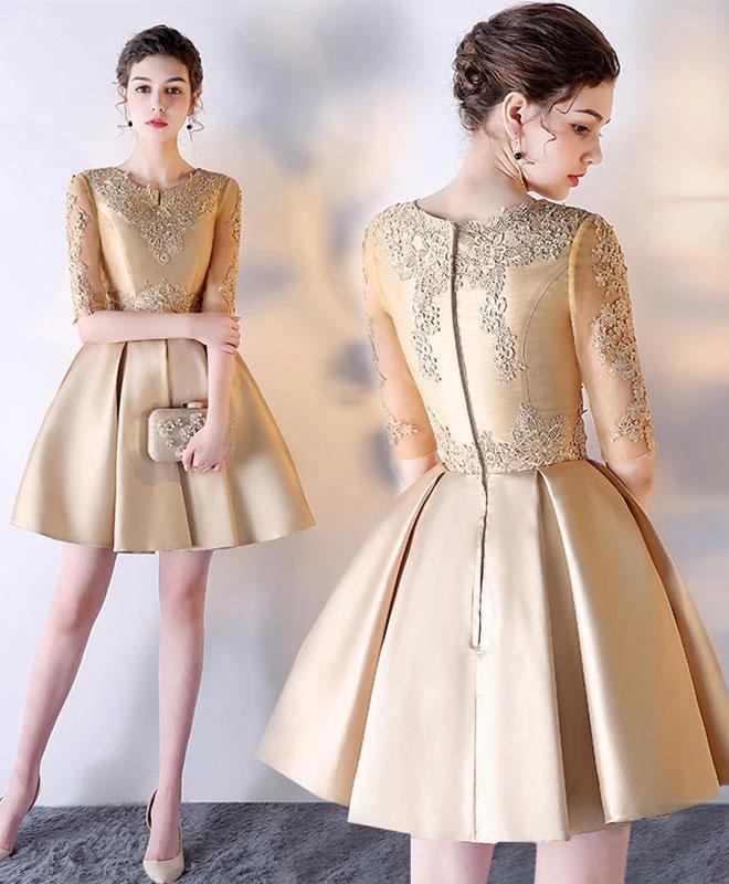 A-line Short Sleeves Gold Lace Satin Short Prom Dress Homecoming Dress PD212 - Image 3