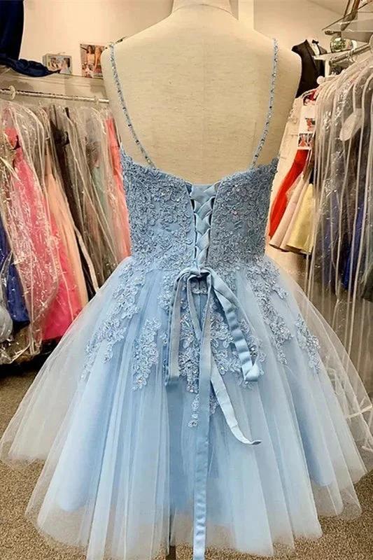 A-Line Sky Blue Tulle Applique Short Sleeveless Homecoming Dresses - Image 2