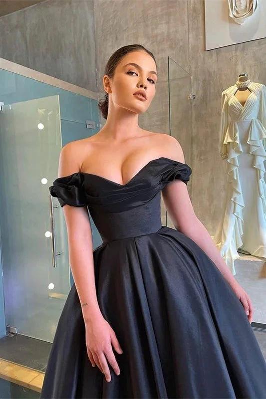 A-line Sleek and Stunning Off-the-Shoulder Black Prom Dress with Ruffle - Image 2