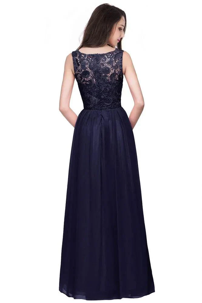 A-line Sleeveless Crew Floor-length Lace Top Chiffon Prom Dresses - Image 10
