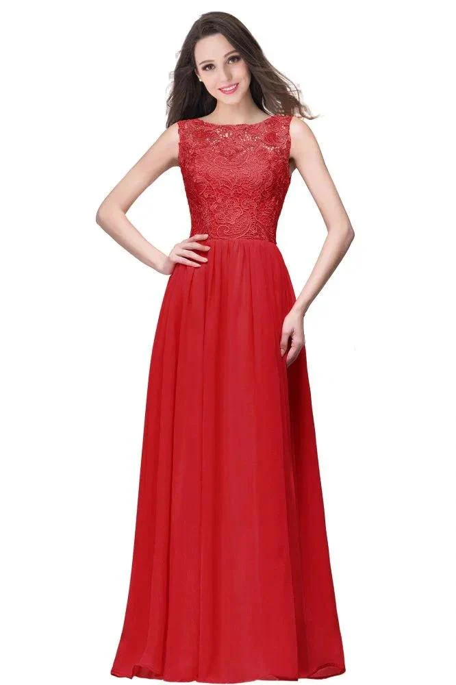 A-line Sleeveless Crew Floor-length Lace Top Chiffon Prom Dresses - Image 2