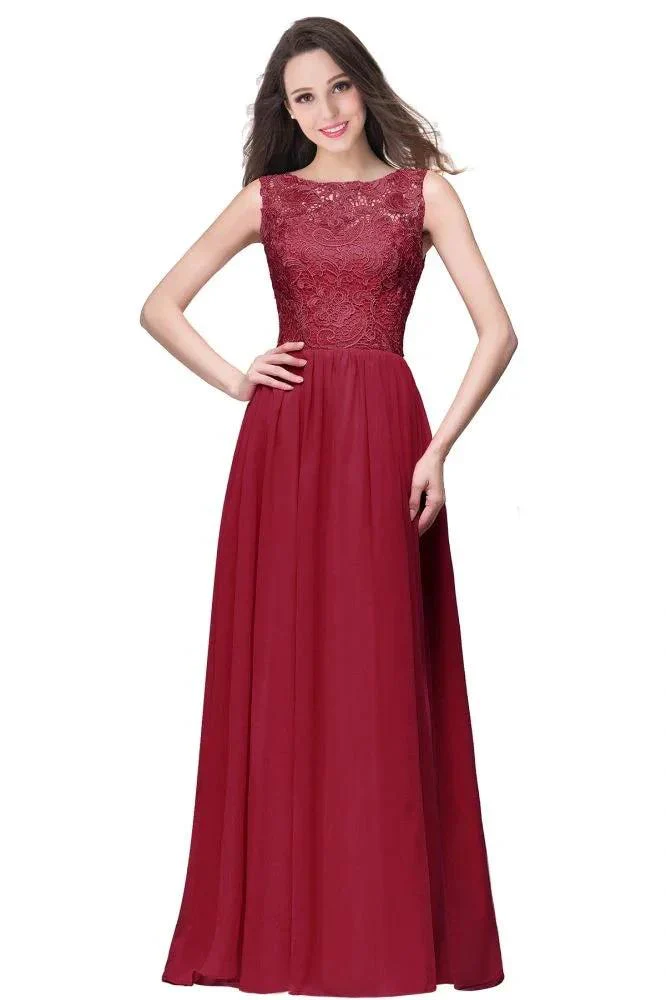 A-line Sleeveless Crew Floor-length Lace Top Chiffon Prom Dresses - Image 3