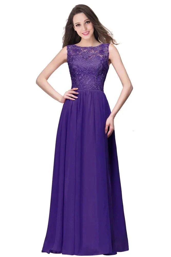 A-line Sleeveless Crew Floor-length Lace Top Chiffon Prom Dresses - Image 4